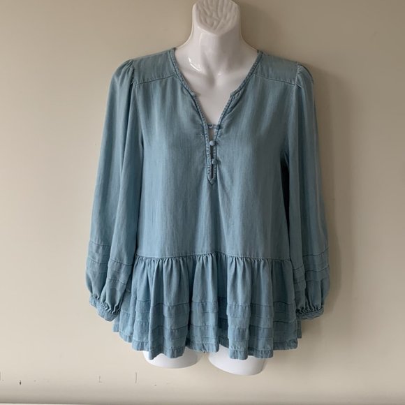 American Eagle Chambray Ruffle Peplum Top - Picture 2 of 7